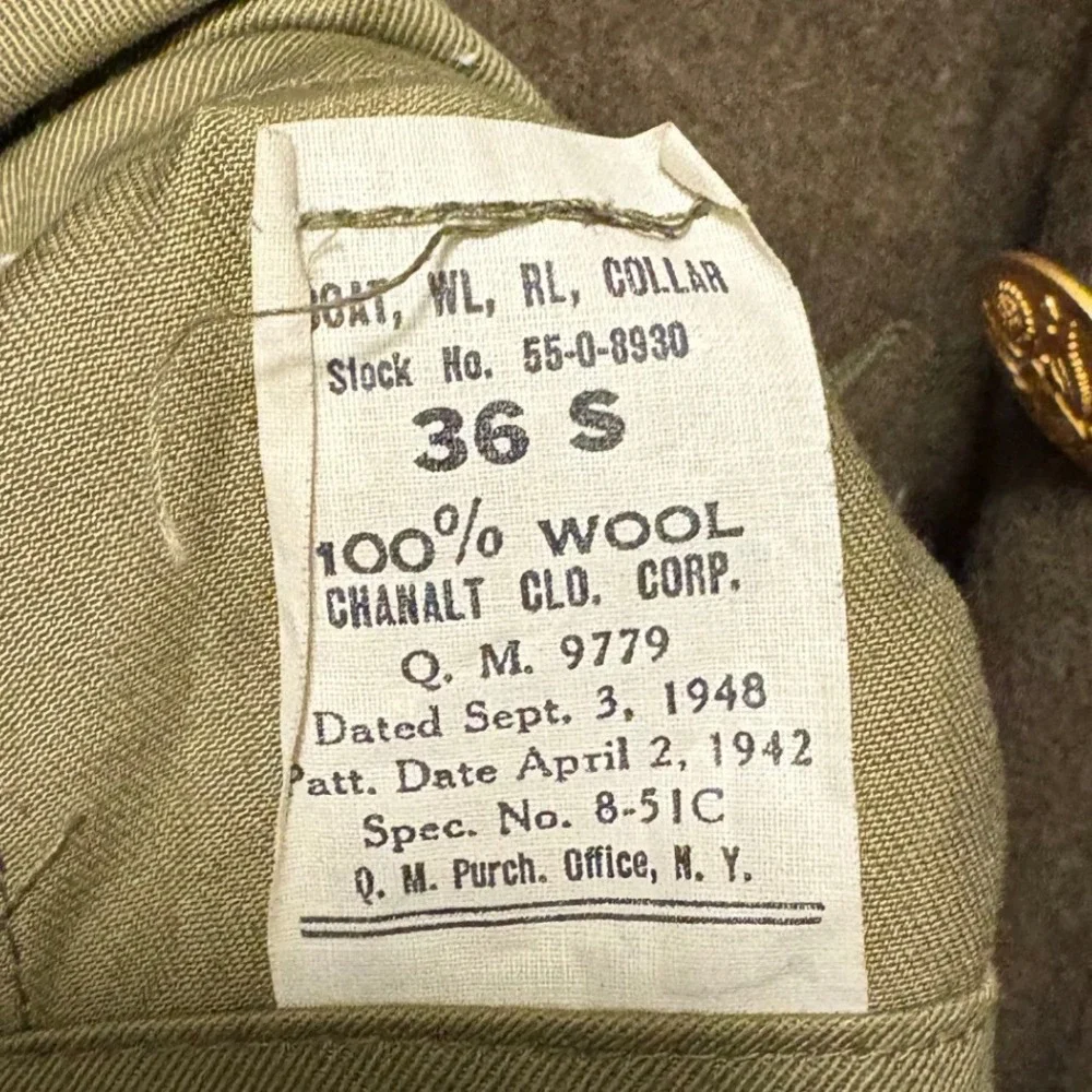 Vintage 1948 US Army Wool Overcoat Men Green Double Breasted Trench Coat 36S WW2